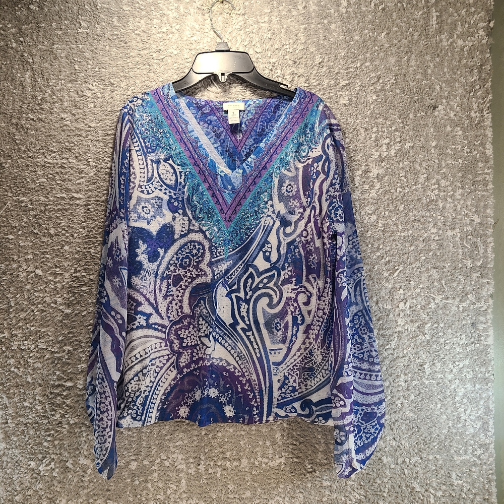 Chico's Women V-neck Long Sleeve Blouse Top 1, M Polyester Paisley Boho USA Made